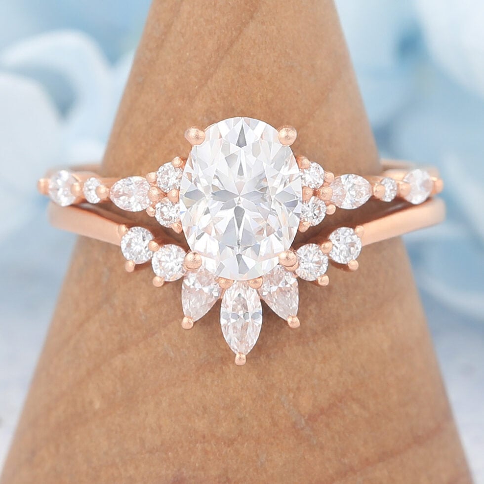Matte Finish Oval Cut Moissanite Vintage Engagement Ring Set