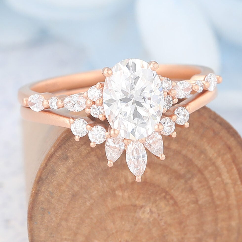 Matte Finish Oval Cut Moissanite Vintage Engagement Ring Set