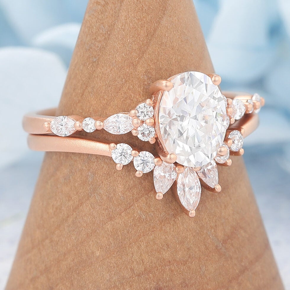 Matte Finish Oval Cut Moissanite Vintage Engagement Ring Set