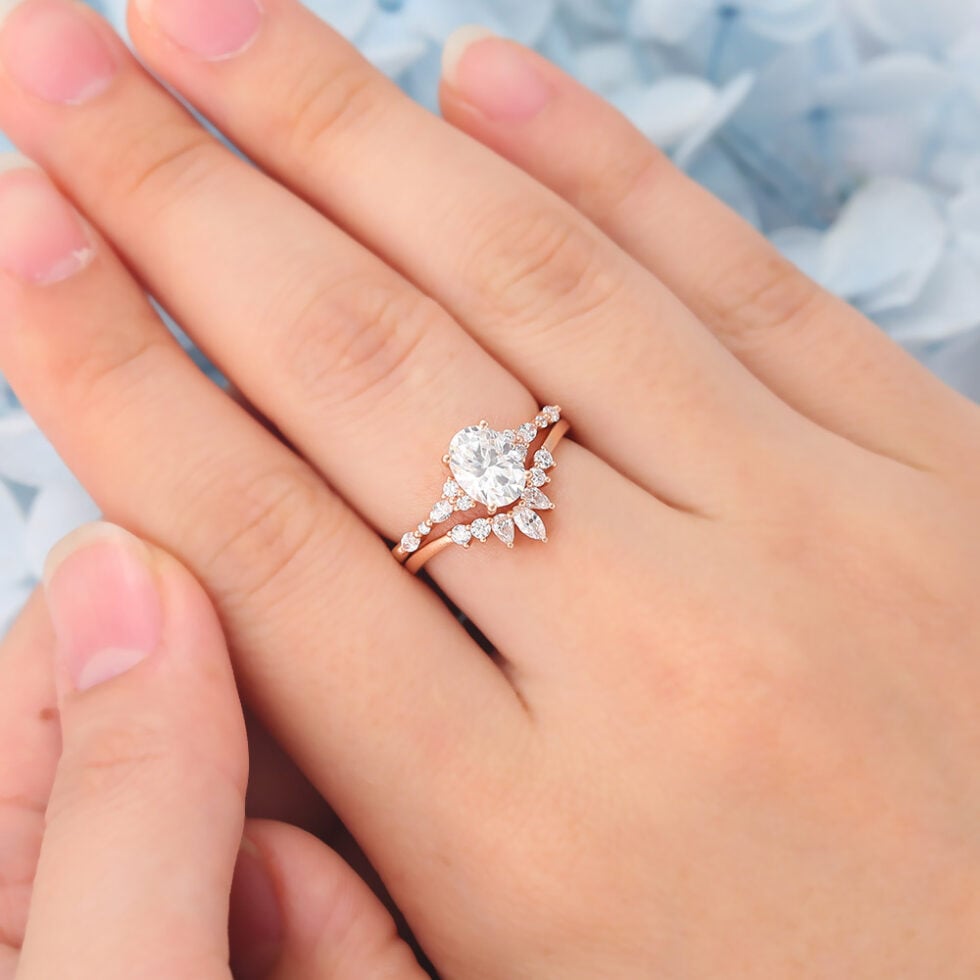 Matte Finish Oval Cut Moissanite Vintage Engagement Ring Set