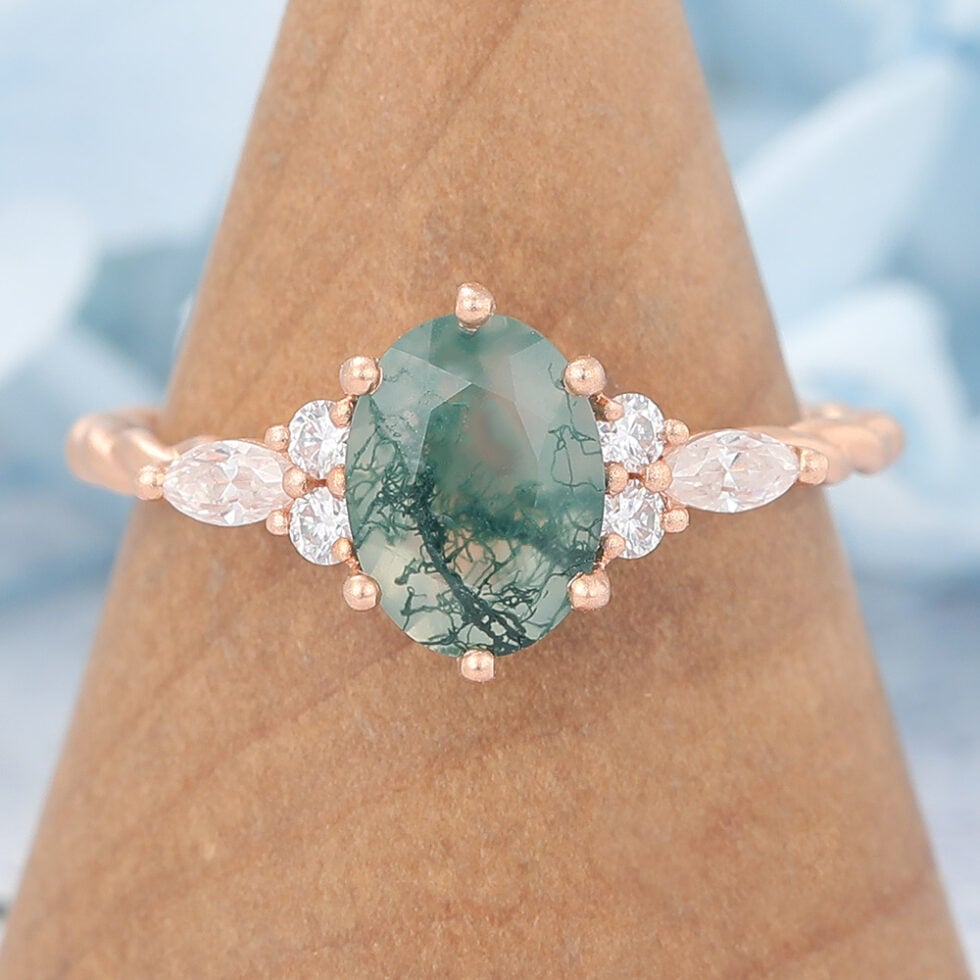 Matte Finish Oval Cut Moss Agate Engagement Ring Twisted Band