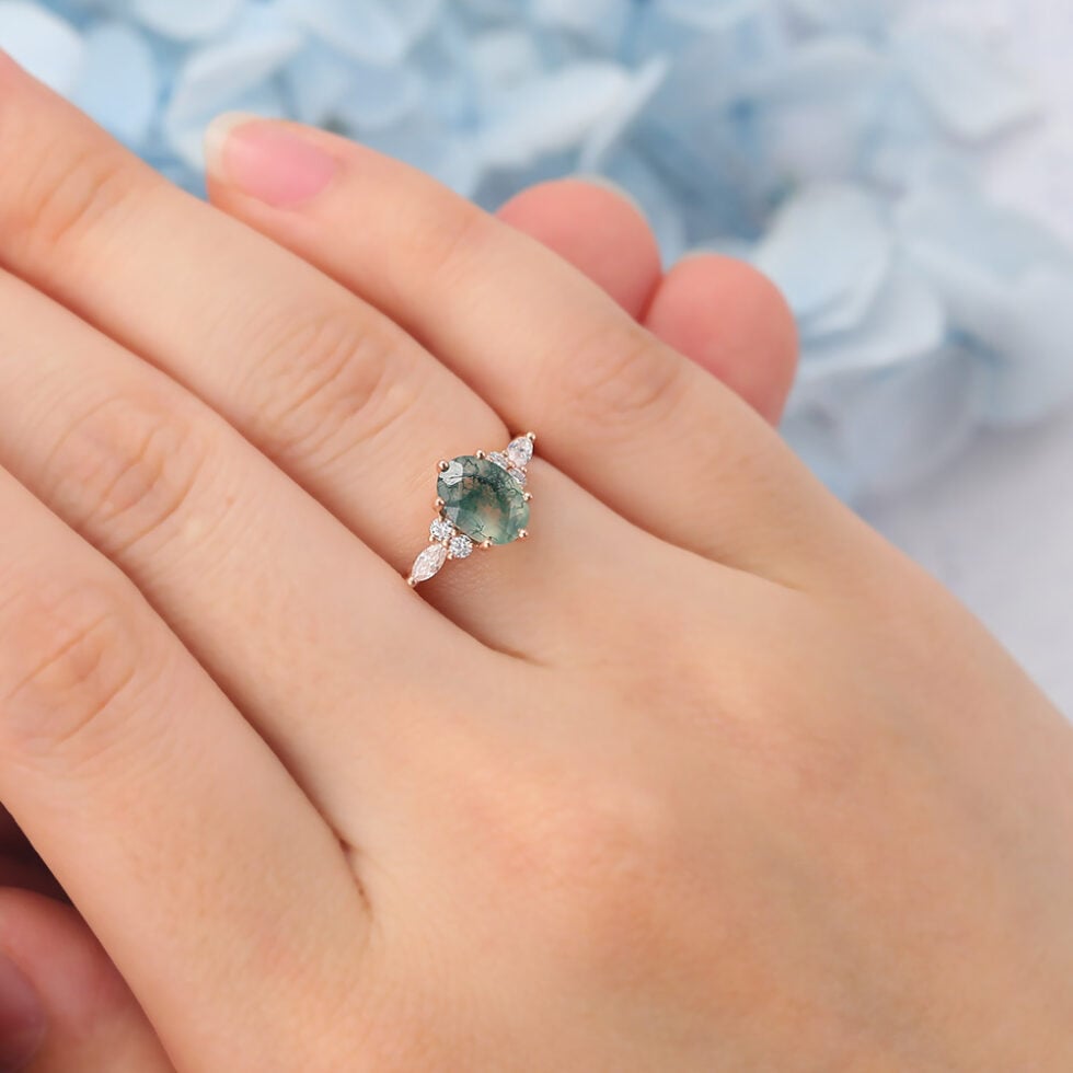 Matte Finish Oval Cut Moss Agate Engagement Ring Twisted Band