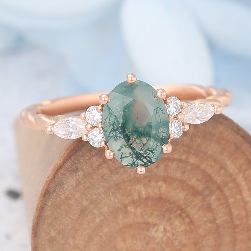 Matte Finish Oval Cut Moss Agate Engagement Ring Twisted Band