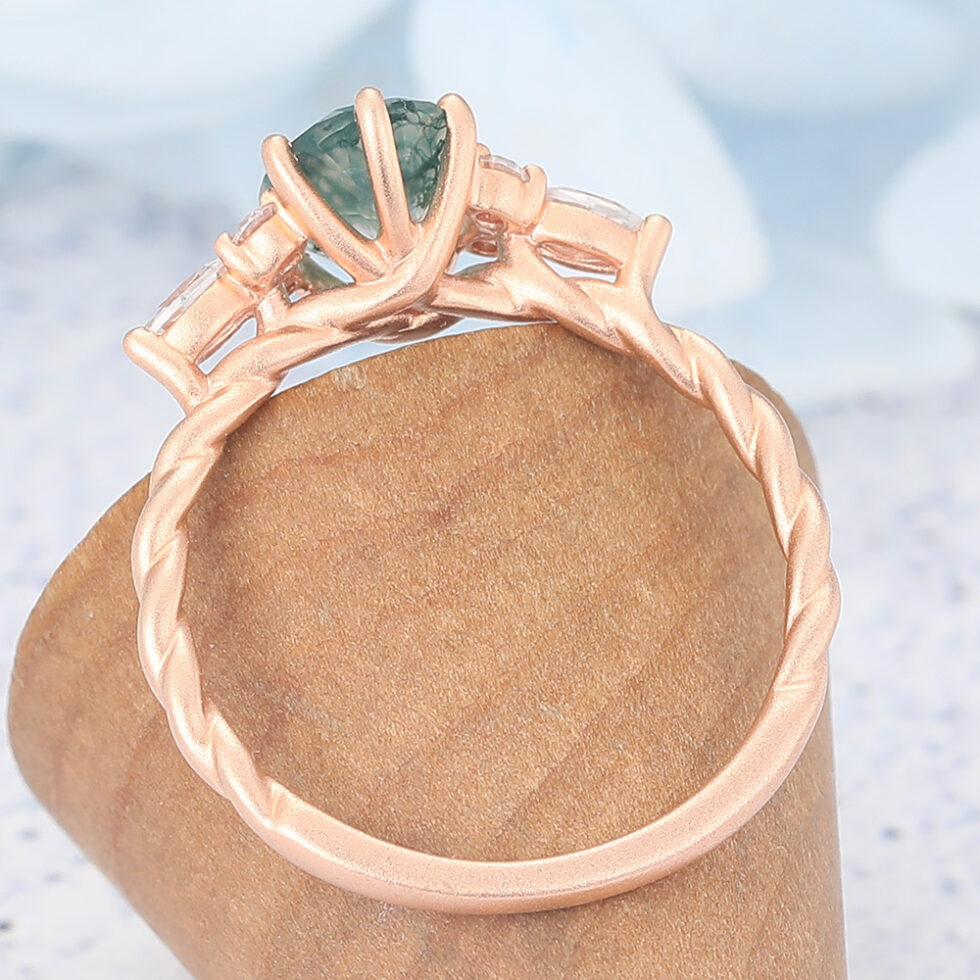 Matte Finish Oval Cut Moss Agate Engagement Ring Twisted Band