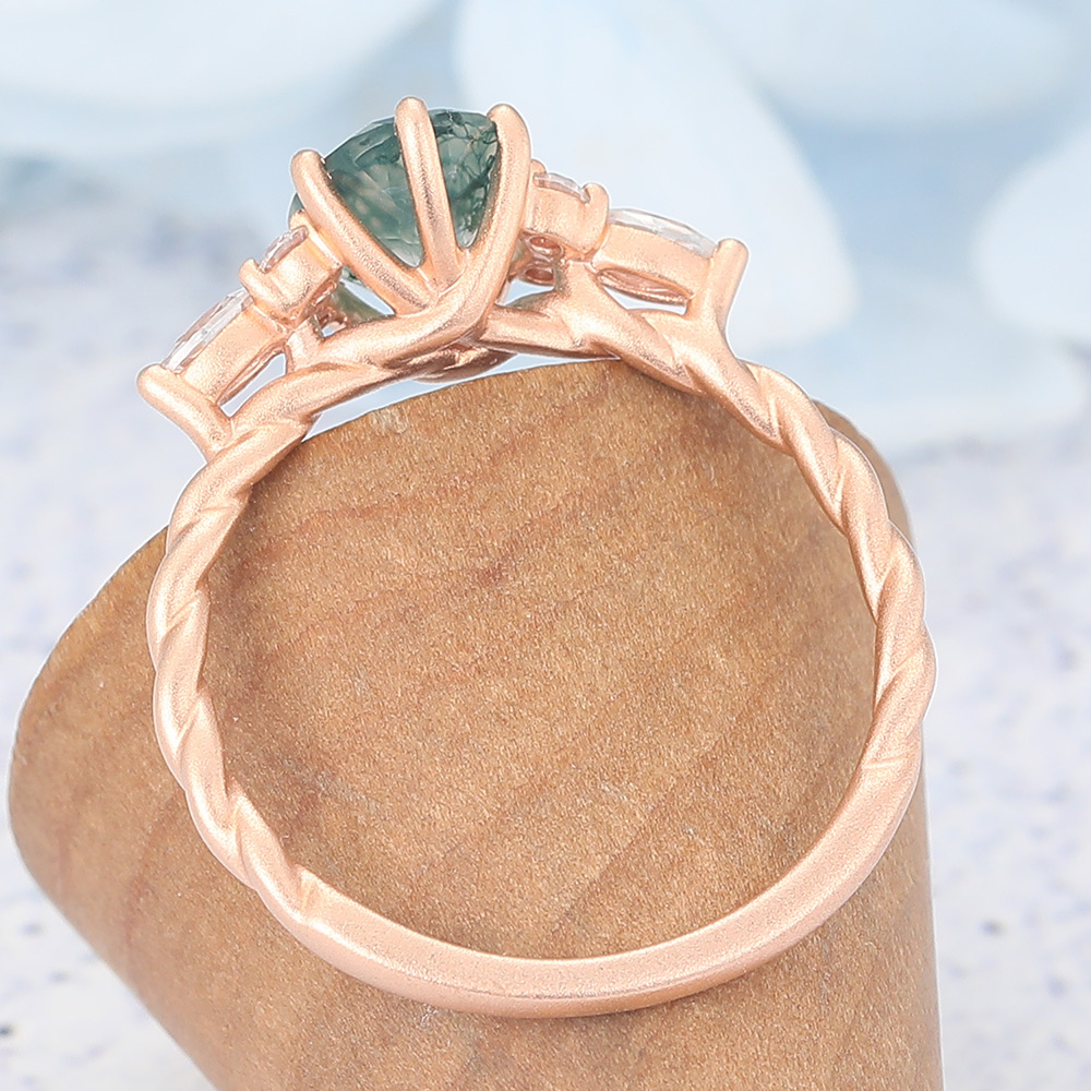 Matte Finish Oval Cut Moss Agate Cluster Engagement Ring Twisted Bridal Ring (4) Matte Finish Oval Cut Moss Agate Cluster Engagement Ring Twisted Bridal Ring (4)