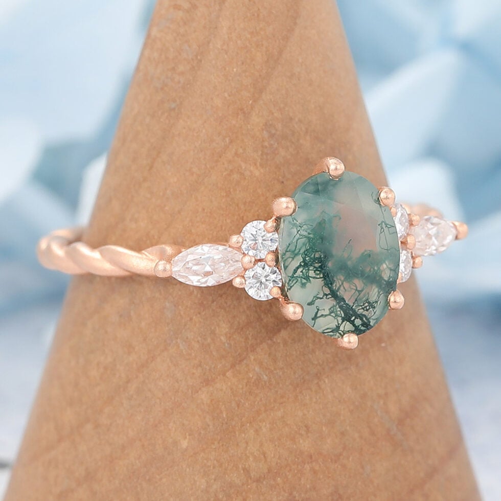 Matte Finish Oval Cut Moss Agate Engagement Ring Twisted Band