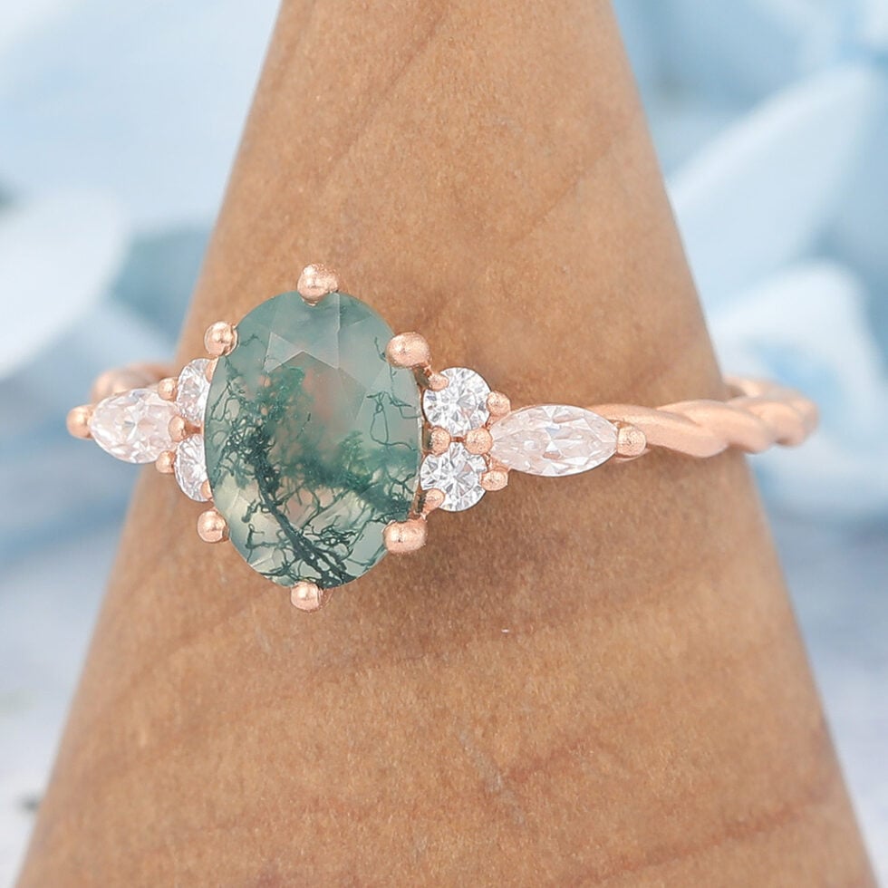 Matte Finish Oval Cut Moss Agate Engagement Ring Twisted Band