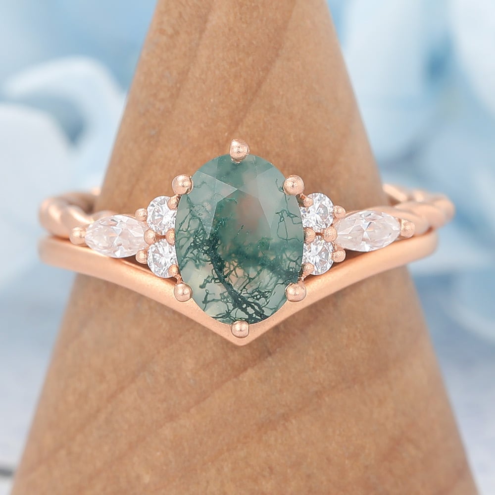Matte Finish Oval Cut Moss Agate Bridal Ring Set Twisted Engagement Ring