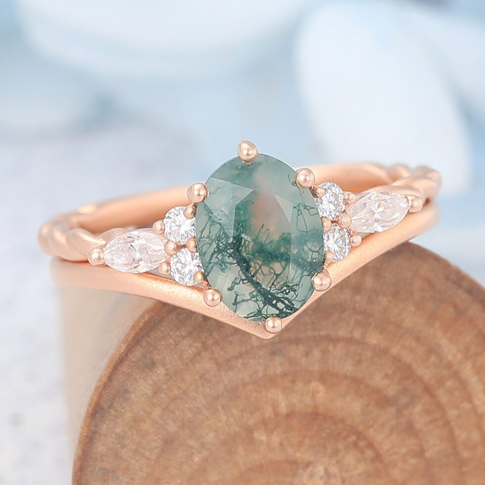 Matte Finish Oval Cut Moss Agate Bridal Ring Set Twisted Engagement Ring