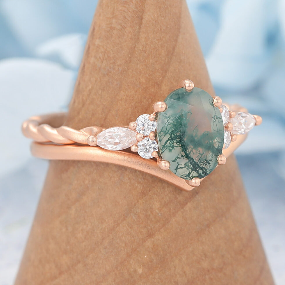 Matte Finish Oval Cut Moss Agate Bridal Ring Set Twisted Engagement Ring