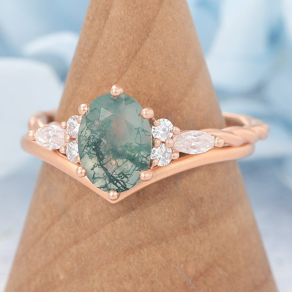 Matte Finish Oval Cut Moss Agate Bridal Ring Set Twisted Engagement Ring