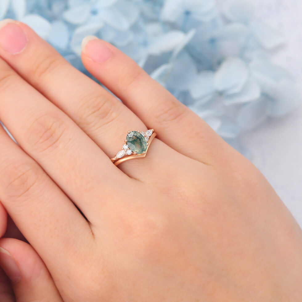 Matte Finish Oval Cut Moss Agate Bridal Ring Set Twisted Engagement Ring