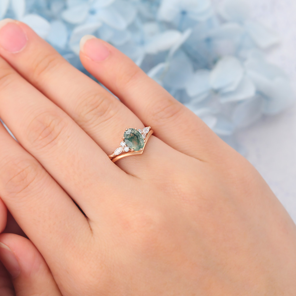 Matte Finish Oval Cut Moss Agate Twisted Bridal Ring Set Cluster Engagement Ring (5) Matte Finish Oval Cut Moss Agate Twisted Bridal Ring Set Cluster Engagement Ring (5)