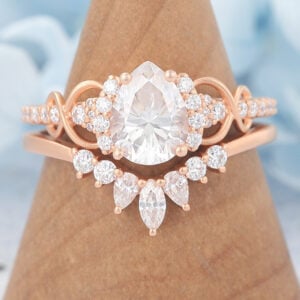moissanite rings Matte Finish Pear Cut Moissanite Bridal Ring Set Curved Band
