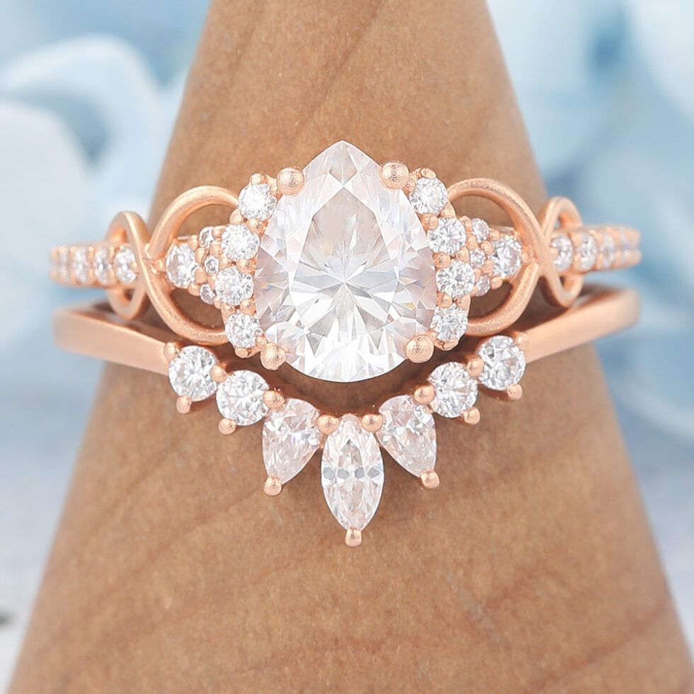 moissanite rings Matte Finish Pear Cut Moissanite Bridal Ring Set Curved Band