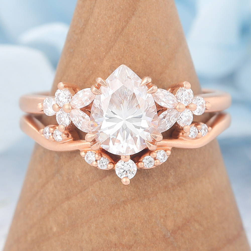 Matte Finish Pear Cut Moissanite Engagement Ring Set 2PCS