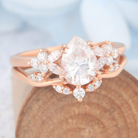 Morganite vs Moissanite Matte Finish Pear Cut Moissanite Engagement Ring Set 2PCS