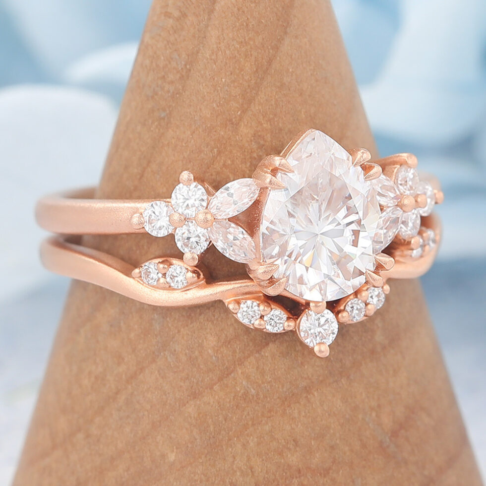 Matte Finish Pear Cut Moissanite Engagement Ring Set 2PCS