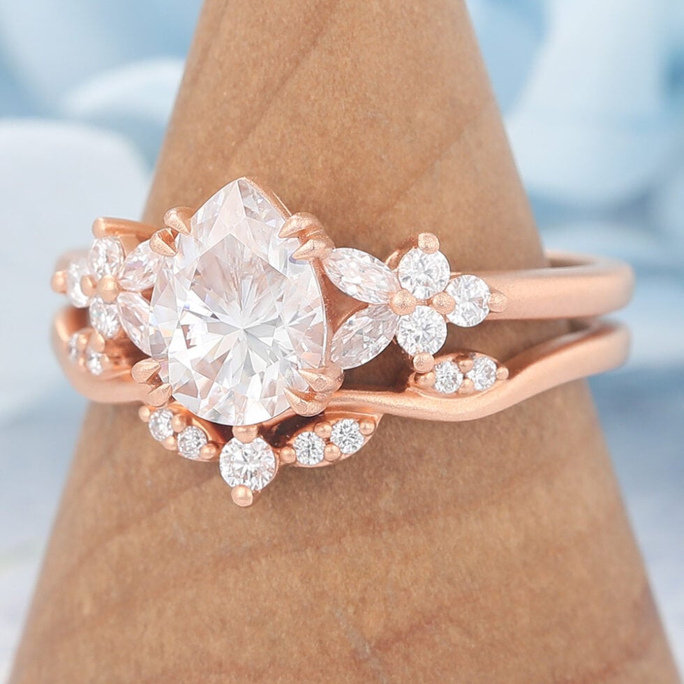 Matte Finish Pear Cut Moissanite Engagement Ring Set 2PCS