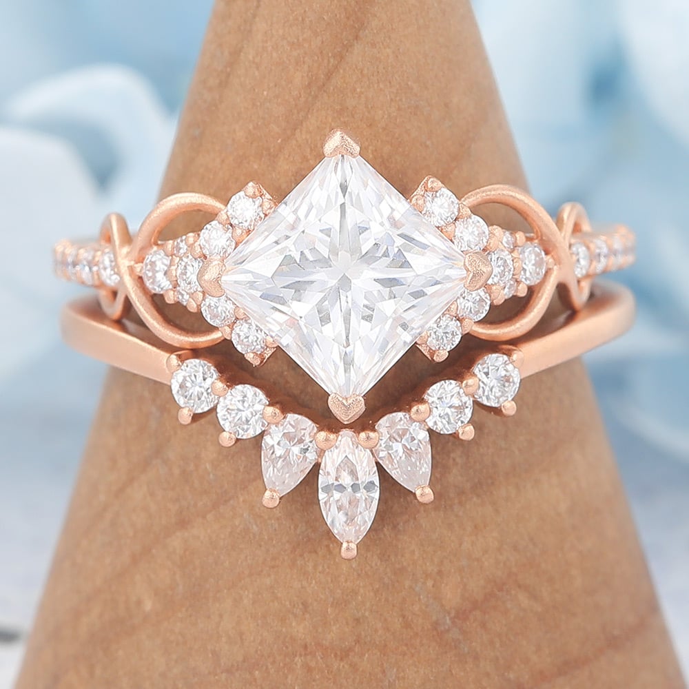 Matte Finish Princess Cut Moissanite Bridal Ring Set Anniversary Curved Band