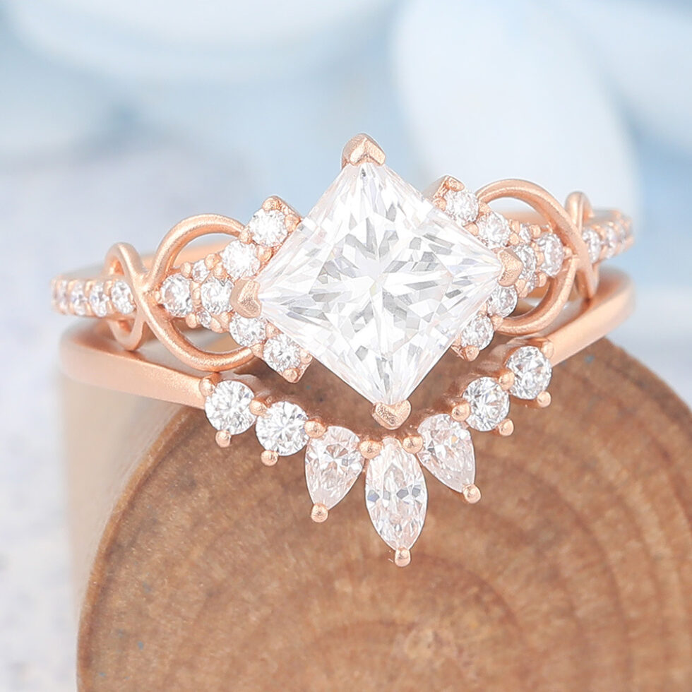 Matte Finish Princess Cut Moissanite Bridal Ring Set Anniversary Curved Band