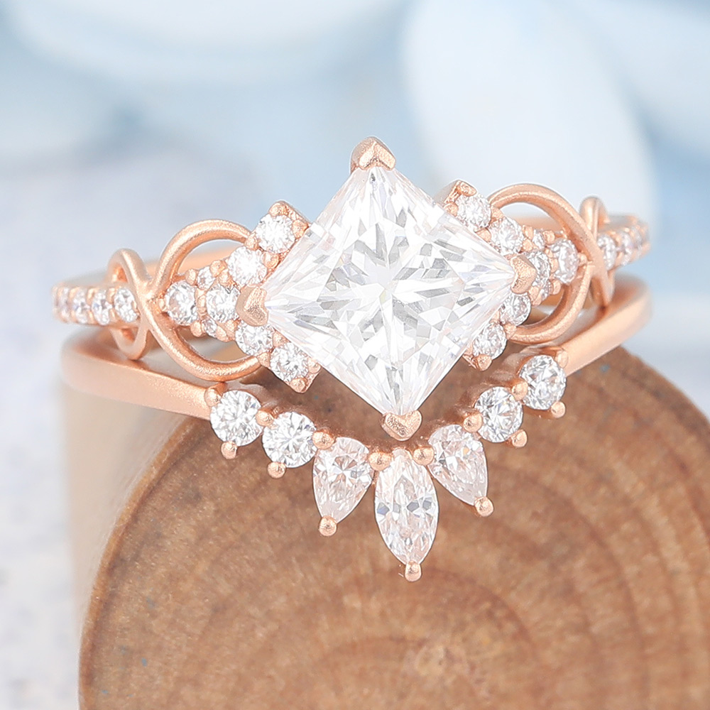 Moissanite vs White Sapphire Matte Finish Princess Cut Moissanite Bridal Ring Set Anniversary Curved Band