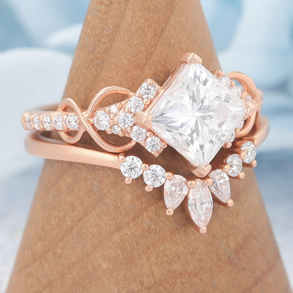 Matte Finish Princess Cut Moissanite Bridal Ring Set Anniversary Curved Band