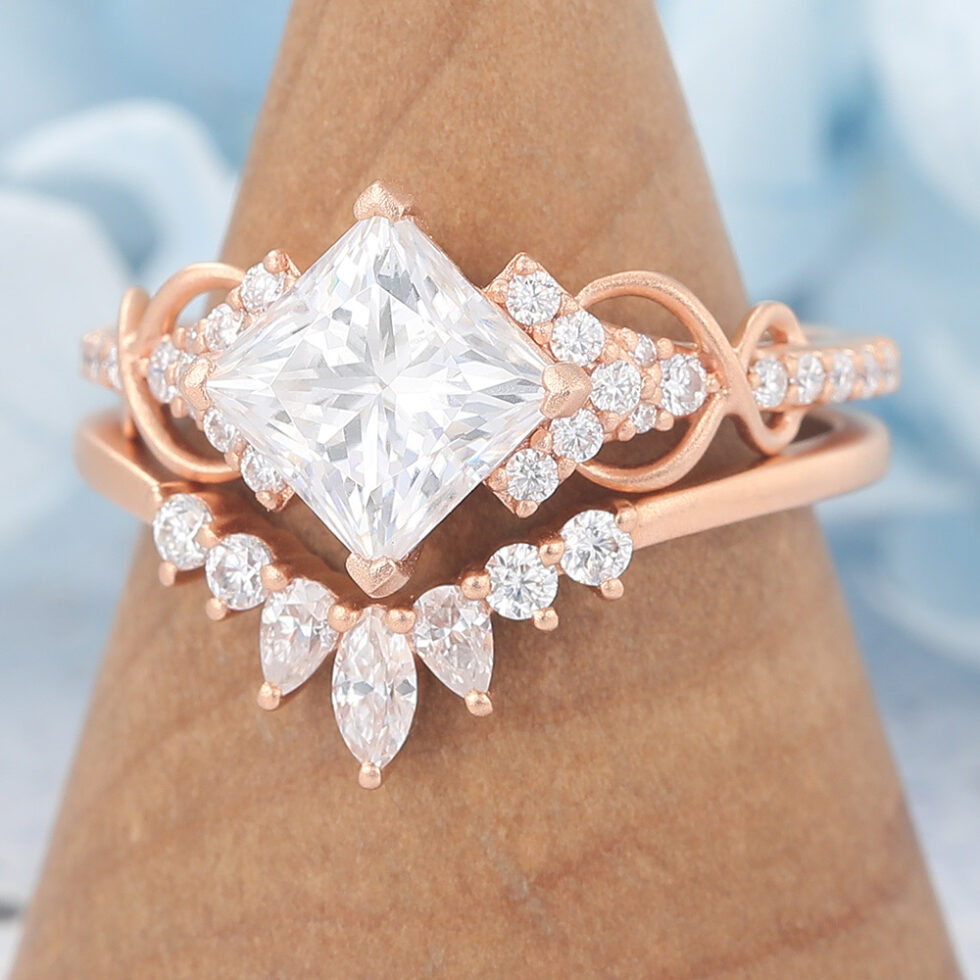 Matte Finish Princess Cut Moissanite Bridal Ring Set Anniversary Curved Band