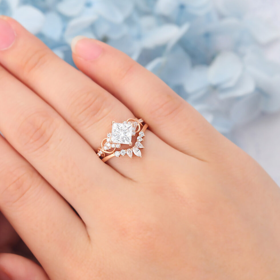 Matte Finish Princess Cut Moissanite Bridal Ring Set Anniversary Curved Band