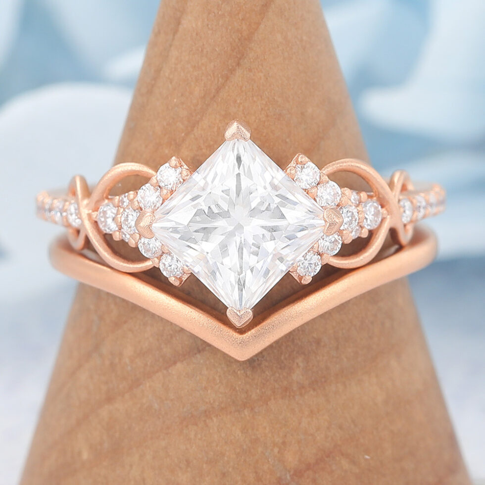 Matte Finish Princess Cut Moissanite Bridal Ring Set Solid Matching Band