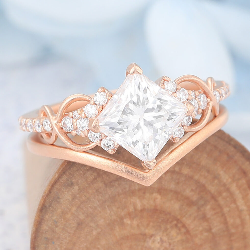 Matte Finish Princess Cut Moissanite Bridal Ring Set Solid Matching Band