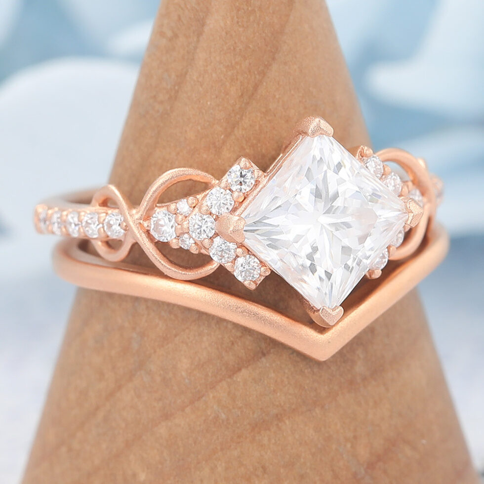 Matte Finish Princess Cut Moissanite Bridal Ring Set Solid Matching Band