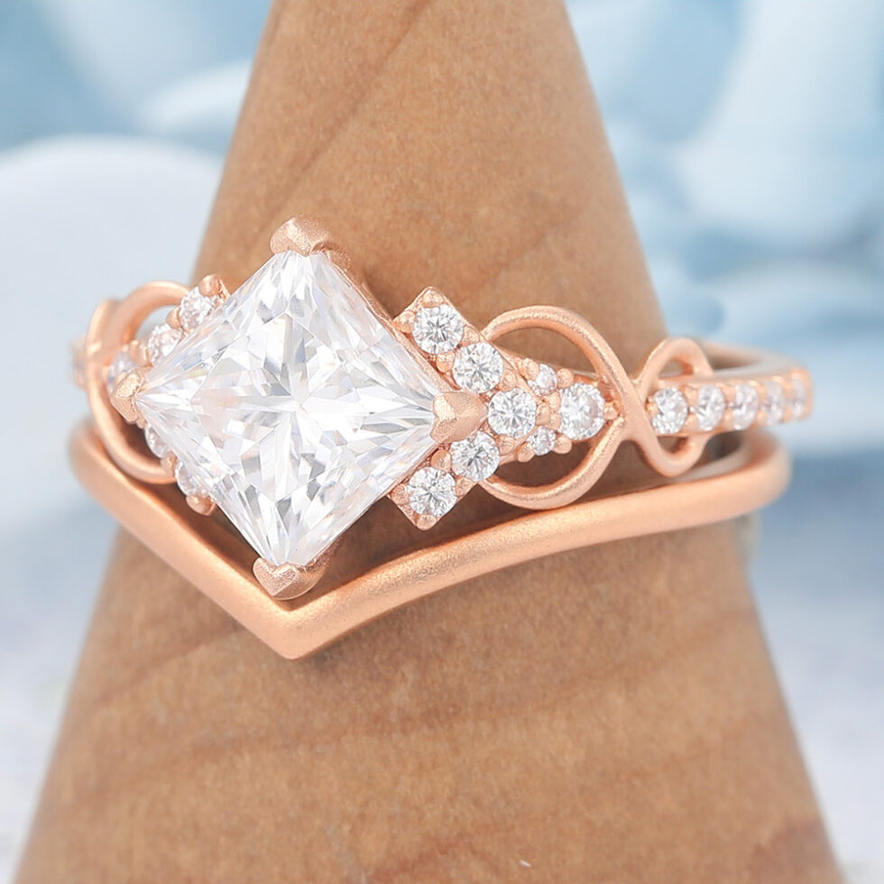 Matte Finish Princess Cut Moissanite Bridal Ring Set Solid Matching Band