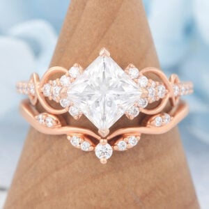 Matte Finish Princess Cut Moissanite Bridal Ring Set Infinity Engagement Ring