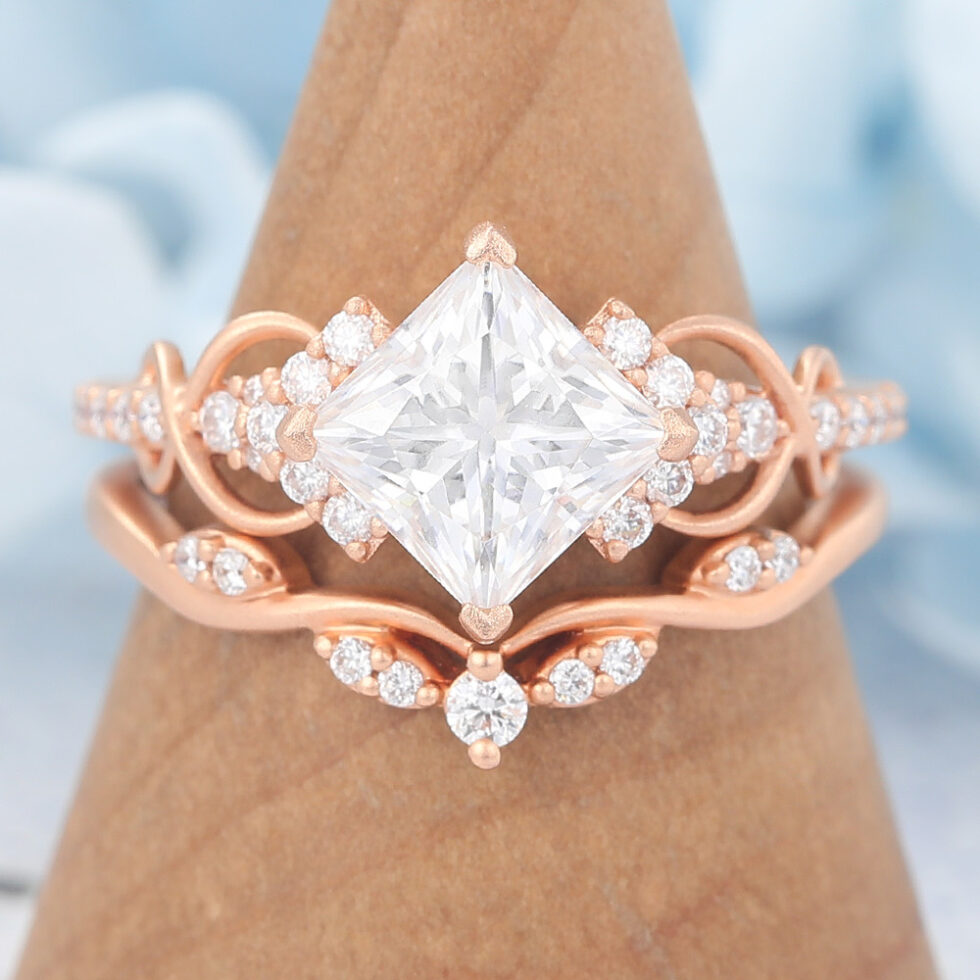 Matte Finish Princess Cut Moissanite Bridal Ring Set Infinity Engagement Ring