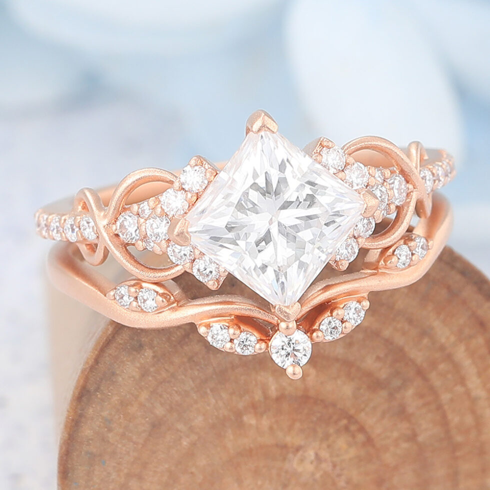 Matte Finish Princess Cut Moissanite Bridal Ring Set Infinity Engagement Ring