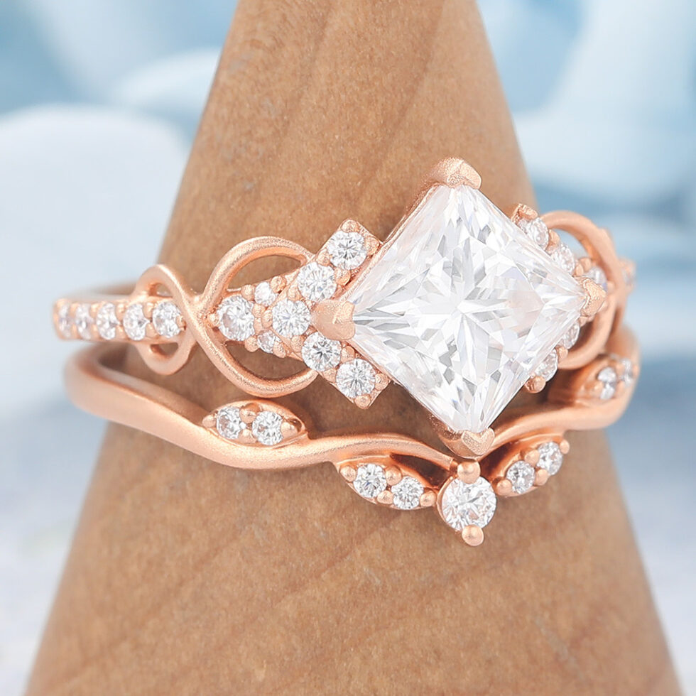 Matte Finish Princess Cut Moissanite Bridal Ring Set Infinity Engagement Ring