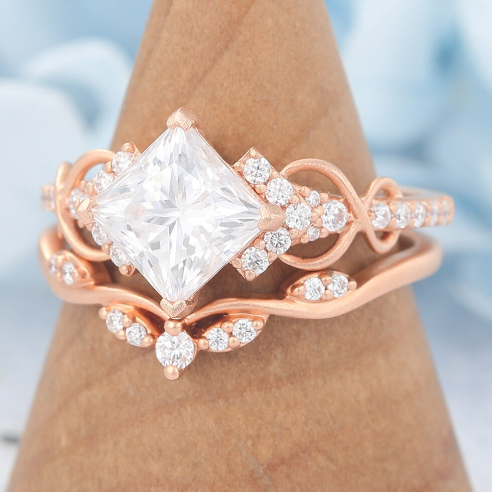 Matte Finish Princess Cut Moissanite Bridal Ring Set Infinity Engagement Ring