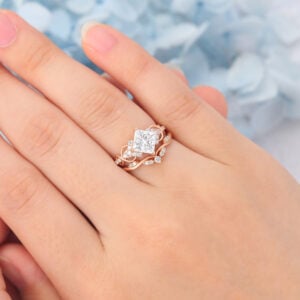 Matte Finish Princess Cut Moissanite Bridal Ring Set Infinity Engagement Ring