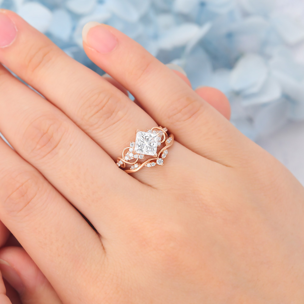 Matte Finish Princess Cut Moissanite Bridal Ring Set Infinity Engagement Ring