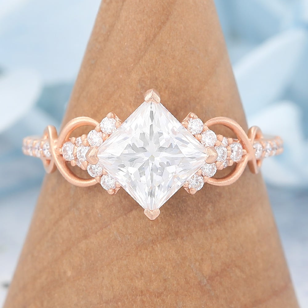 Matte Finish Princess Cut Moissanite Engagement Ring Infinity Bridal Ring