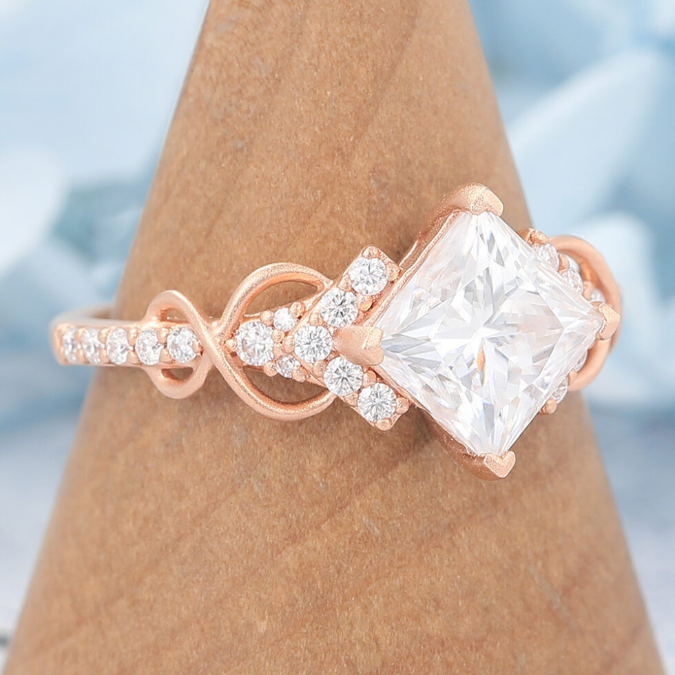 Matte Finish Princess Cut Moissanite Engagement Ring Infinity Bridal Ring