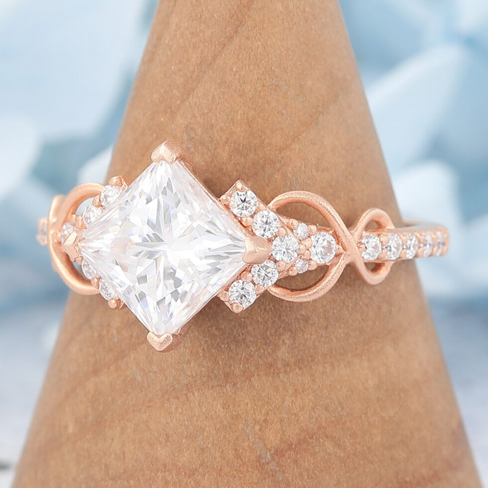 Matte Finish Princess Cut Moissanite Engagement Ring Infinity Bridal Ring