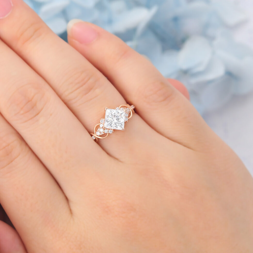 Matte Finish Princess Cut Moissanite Engagement Ring Infinity Bridal Ring