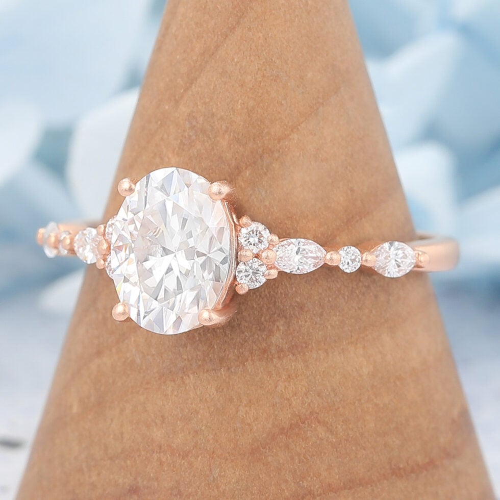 Matte Finish Rose Gold Oval Cut Moissanite Engagement Ring