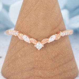 Matte Finish Round Moissanite Wedding Band Leaves Stacking Ring