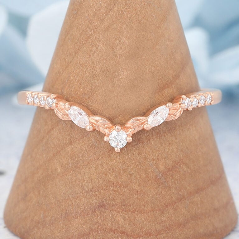 Matte Finish Round Moissanite Wedding Band Leaves Stacking Ring