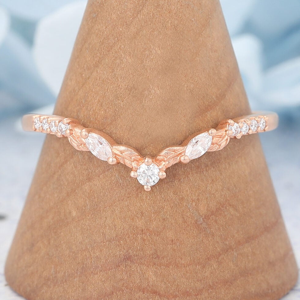 Matte Finish Round Moissanite Wedding Band Leaves Stacking Ring