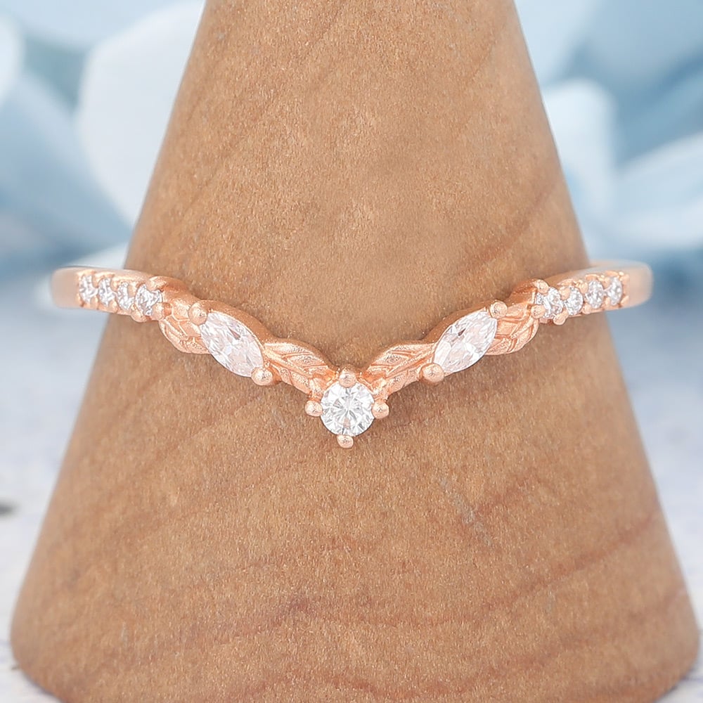 Matte Finish Round Moissanite Wedding Band Leaves Stacking Ring