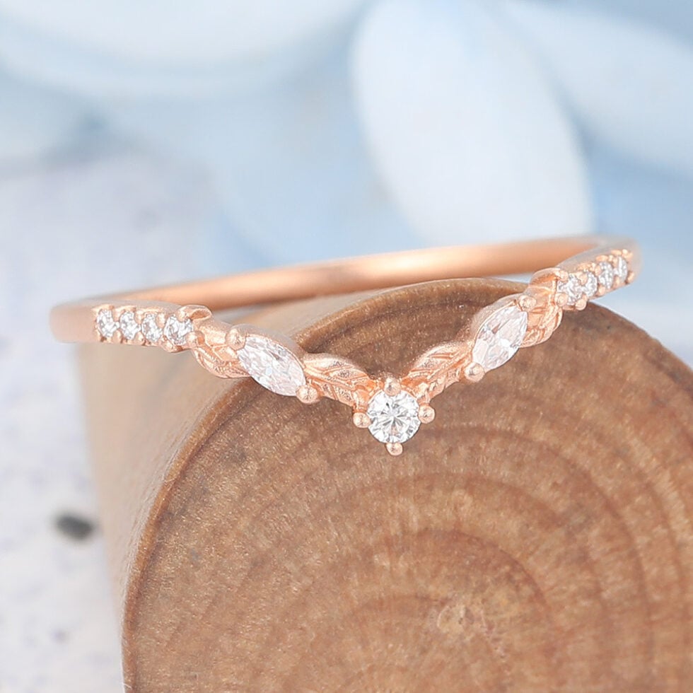 Matte Finish Round Moissanite Wedding Band Leaves Stacking Ring